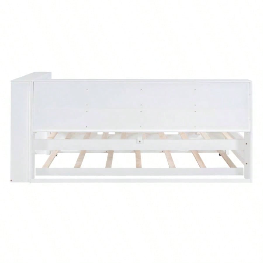 Wooden Twin Size DayBed with Twin Trundle, DayBed with Storage Shelf and USB Charging Ports, White