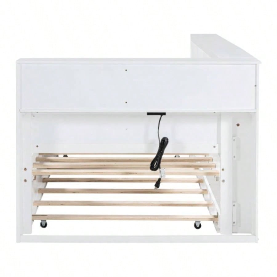 Wooden Twin Size DayBed with Twin Trundle, DayBed with Storage Shelf and USB Charging Ports, White