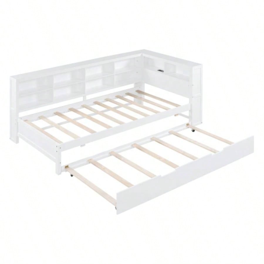 Wooden Twin Size DayBed with Twin Trundle, DayBed with Storage Shelf and USB Charging Ports, White