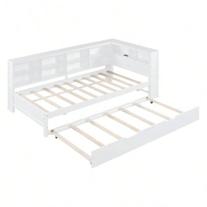 Wooden Twin Size DayBed with Twin Trundle, DayBed with Storage Shelf and USB Charging Ports, White