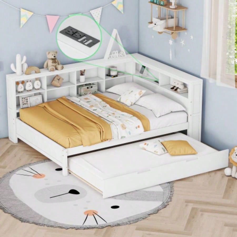 Wooden Twin Size DayBed with Twin Trundle, DayBed with Storage Shelf and USB Charging Ports, White