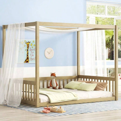Full Size Canopy Frame Floor Bed with Fence, Guardrails, Natural