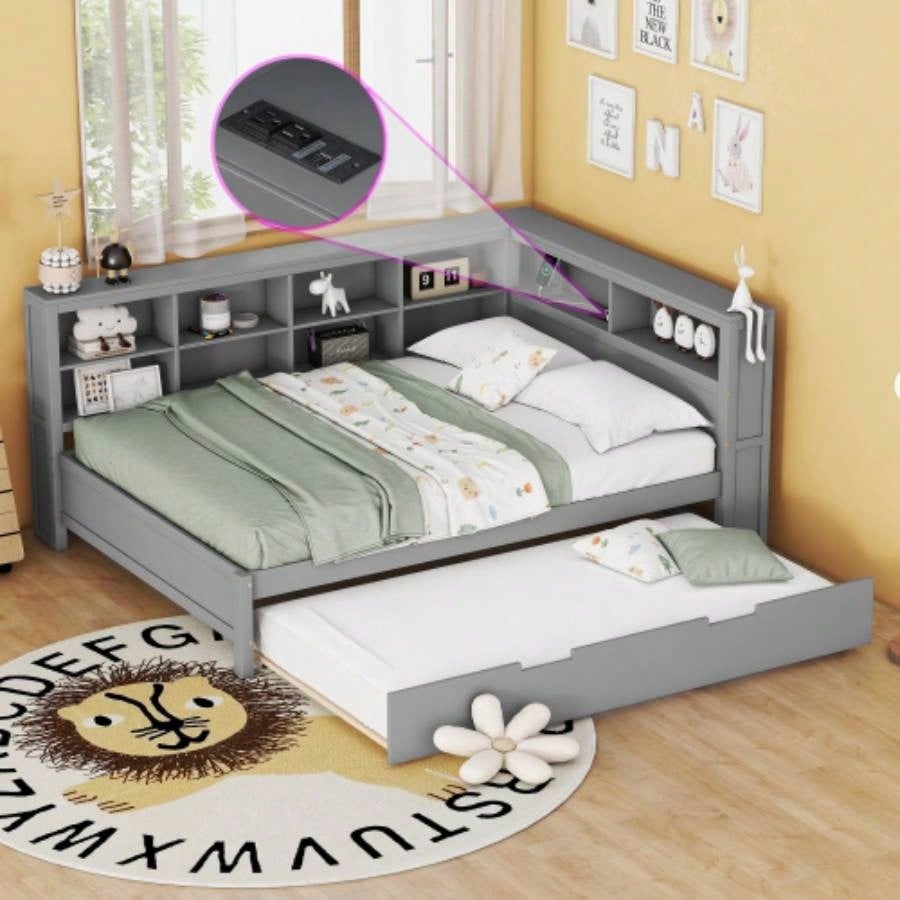 Wooden Twin Size DayBed with Twin Trundle, DayBed with Storage Shelf and USB Charging Ports, White