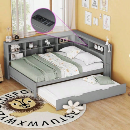 Wooden Twin Size DayBed with Twin Trundle, DayBed with Storage Shelf and USB Charging Ports, White