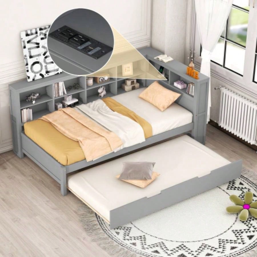 Wooden Twin Size DayBed with Twin Trundle, DayBed with Storage Shelf and USB Charging Ports, White