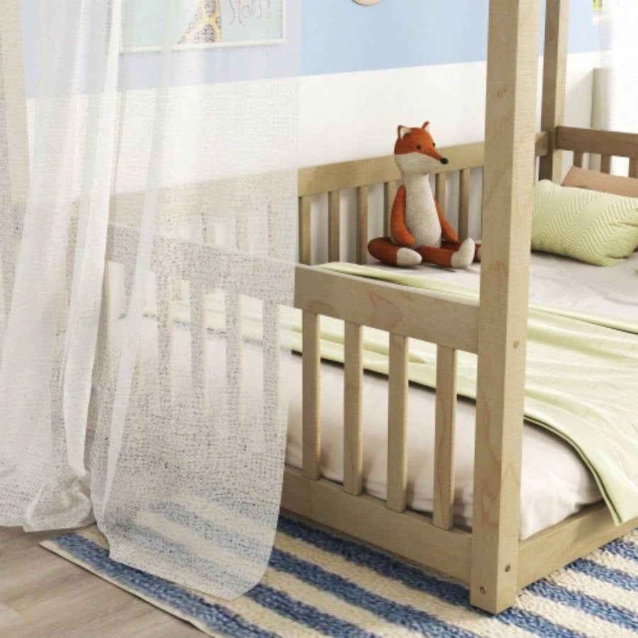 Full Size Canopy Frame Floor Bed with Fence, Guardrails, Natural