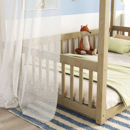 Full Size Canopy Frame Floor Bed with Fence, Guardrails, Natural