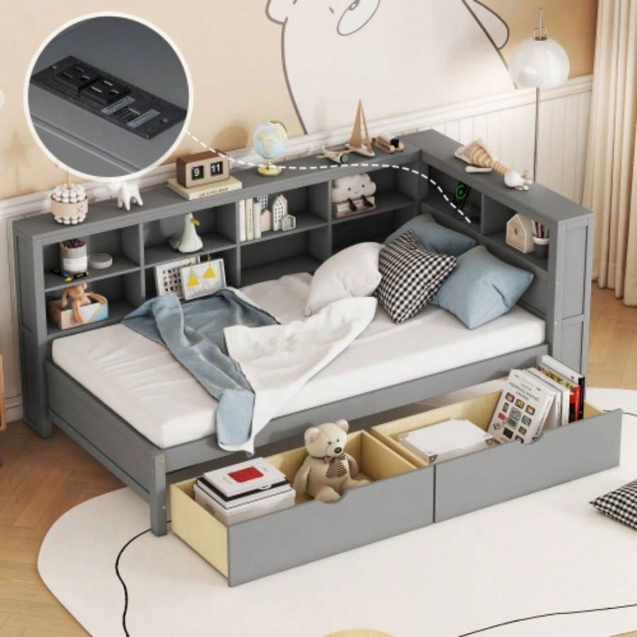 Wooden Twin Size DayBed with Twin Trundle, DayBed with Storage Shelf and USB Charging Ports, White