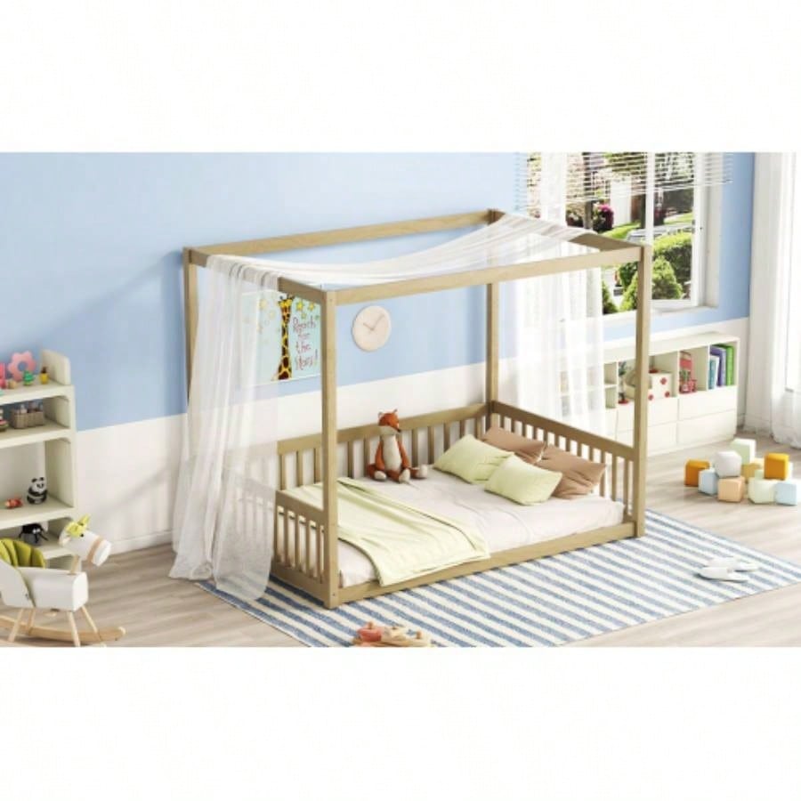 Full Size Canopy Frame Floor Bed with Fence, Guardrails, Natural