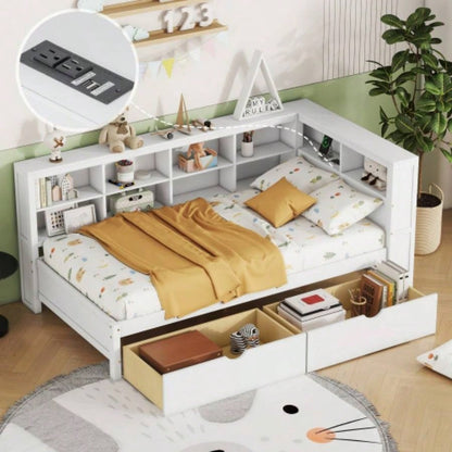 Wooden Twin Size DayBed with Twin Trundle, DayBed with Storage Shelf and USB Charging Ports, White