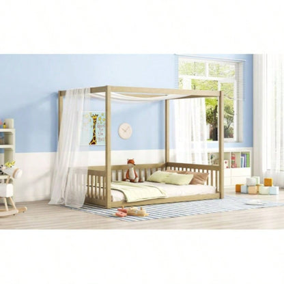 Full Size Canopy Frame Floor Bed with Fence, Guardrails, Natural