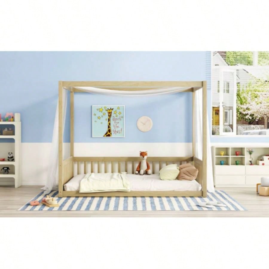 Full Size Canopy Frame Floor Bed with Fence, Guardrails, Natural