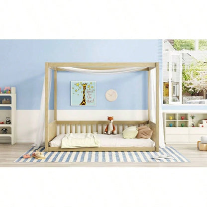 Full Size Canopy Frame Floor Bed with Fence, Guardrails, Natural