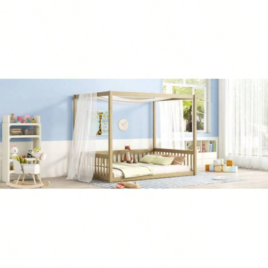 Full Size Canopy Frame Floor Bed with Fence, Guardrails, Natural