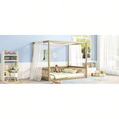 Full Size Canopy Frame Floor Bed with Fence, Guardrails, Natural