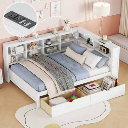 Wooden Twin Size DayBed with Twin Trundle, DayBed with Storage Shelf and USB Charging Ports, White