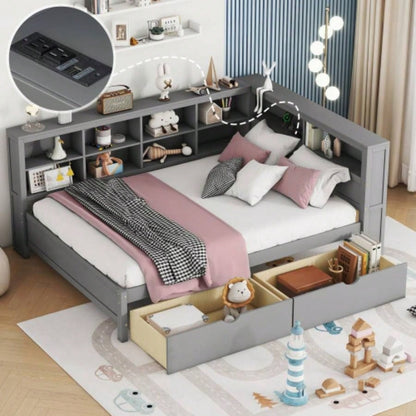 Wooden Twin Size DayBed with Twin Trundle, DayBed with Storage Shelf and USB Charging Ports, White