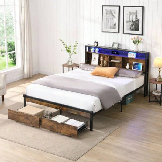 Size Metal Platform Bed Frame with Wooden Headboard and with Footboard USB, Charging Station, 2 Drawers, storage, LED Lights, No Box Spring Needed, Easy Assemble