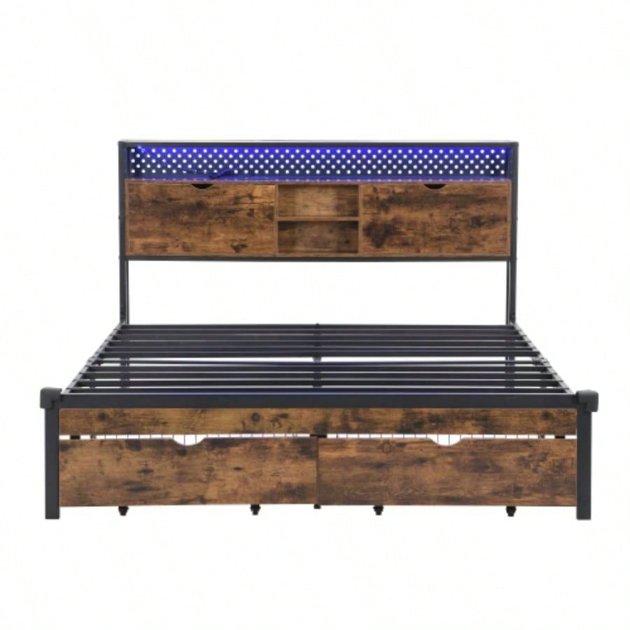 Size Metal Platform Bed Frame with Wooden Headboard and with Footboard USB, Charging Station, 2 Drawers, storage, LED Lights, No Box Spring Needed, Easy Assemble