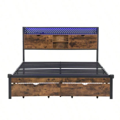 Size Metal Platform Bed Frame with Wooden Headboard and with Footboard USB, Charging Station, 2 Drawers, storage, LED Lights, No Box Spring Needed, Easy Assemble