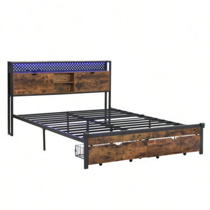 Size Metal Platform Bed Frame with Wooden Headboard and with Footboard USB, Charging Station, 2 Drawers, storage, LED Lights, No Box Spring Needed, Easy Assemble