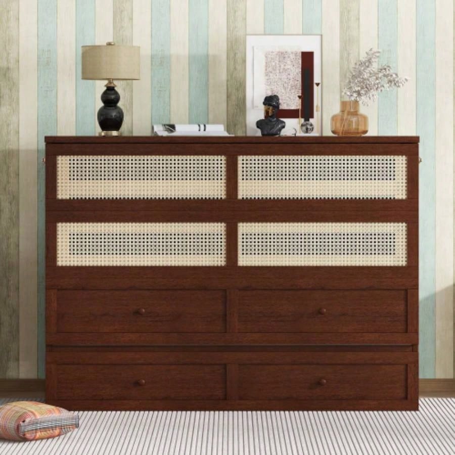 Size Murphy Bed, Pine Wood Cabinet Bed with Rattan Decoration and Storage Drawer, Walnut