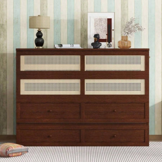 Size Murphy Bed, Pine Wood Cabinet Bed with Rattan Decoration and Storage Drawer, Walnut