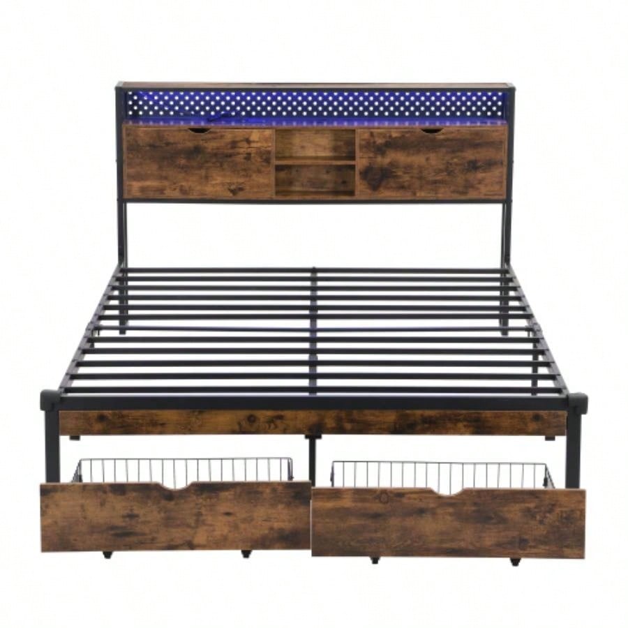 Size Metal Platform Bed Frame with Wooden Headboard and with Footboard USB, Charging Station, 2 Drawers, storage, LED Lights, No Box Spring Needed, Easy Assemble