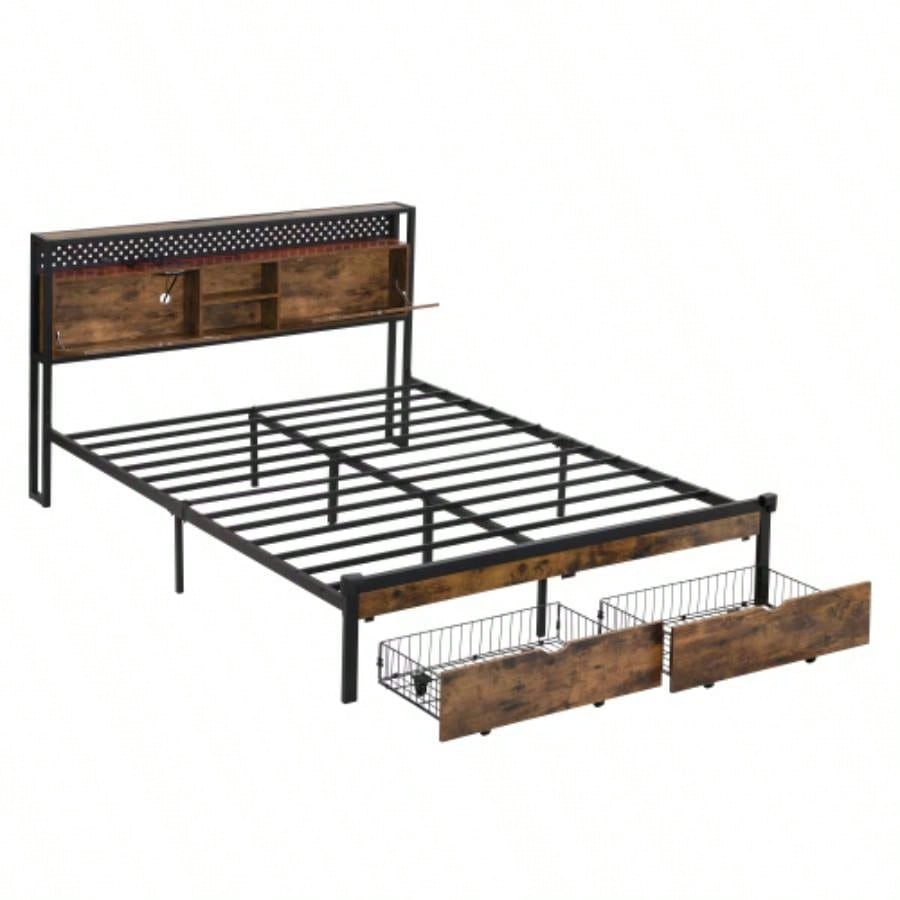 Size Metal Platform Bed Frame with Wooden Headboard and with Footboard USB, Charging Station, 2 Drawers, storage, LED Lights, No Box Spring Needed, Easy Assemble