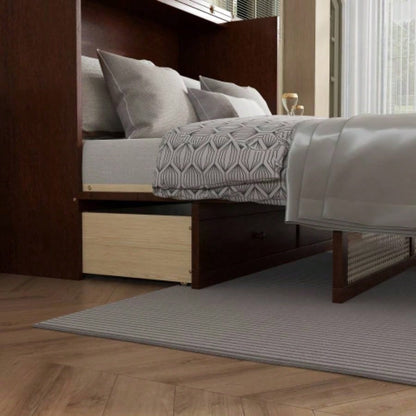 Size Murphy Bed, Pine Wood Cabinet Bed with Rattan Decoration and Storage Drawer, Walnut
