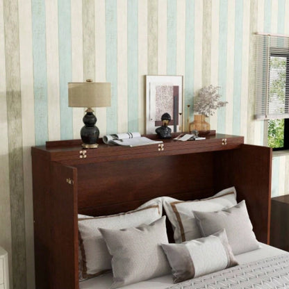 Size Murphy Bed, Pine Wood Cabinet Bed with Rattan Decoration and Storage Drawer, Walnut