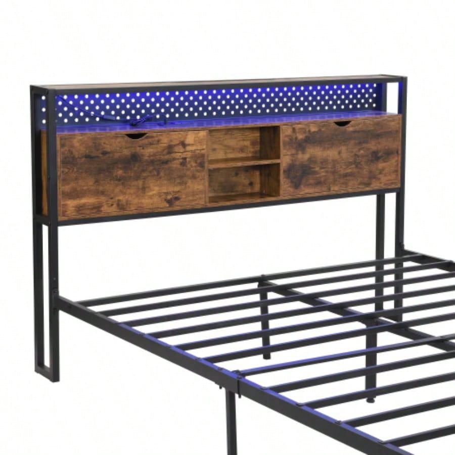 Size Metal Platform Bed Frame with Wooden Headboard and with Footboard USB, Charging Station, 2 Drawers, storage, LED Lights, No Box Spring Needed, Easy Assemble