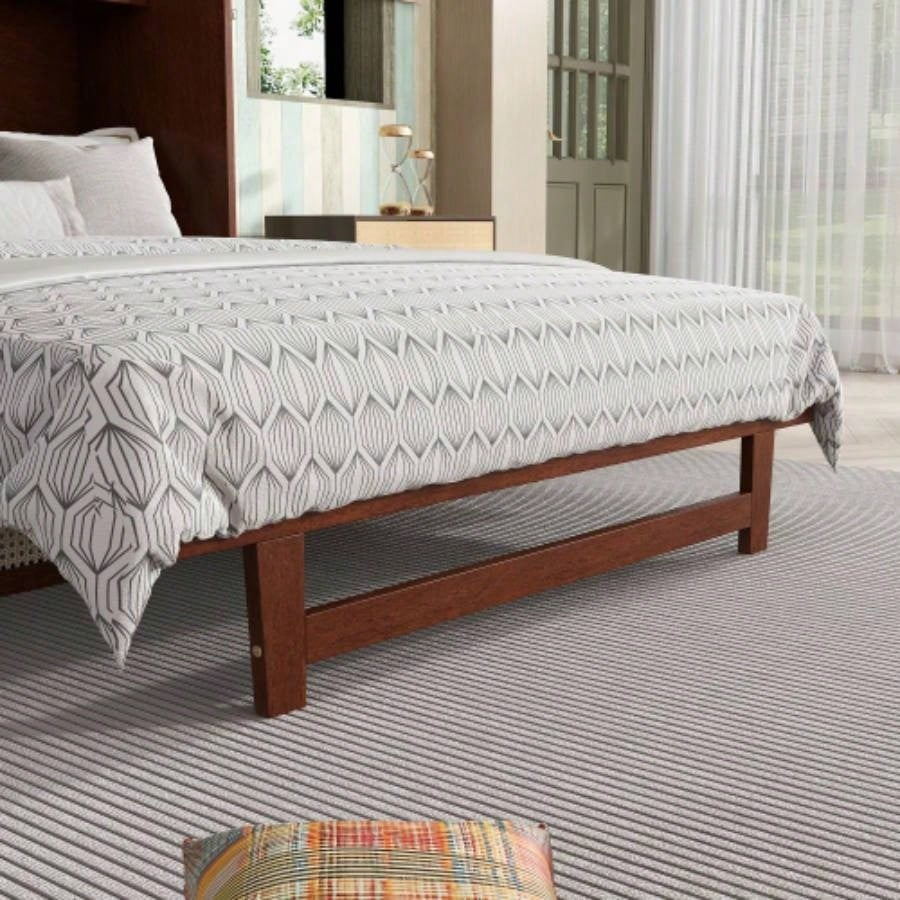 Size Murphy Bed, Pine Wood Cabinet Bed with Rattan Decoration and Storage Drawer, Walnut