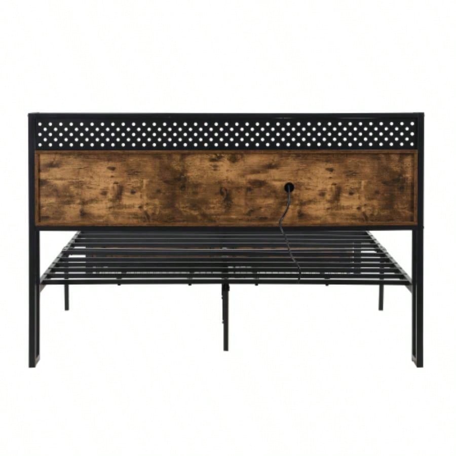 Size Metal Platform Bed Frame with Wooden Headboard and with Footboard USB, Charging Station, 2 Drawers, storage, LED Lights, No Box Spring Needed, Easy Assemble