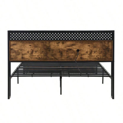 Size Metal Platform Bed Frame with Wooden Headboard and with Footboard USB, Charging Station, 2 Drawers, storage, LED Lights, No Box Spring Needed, Easy Assemble