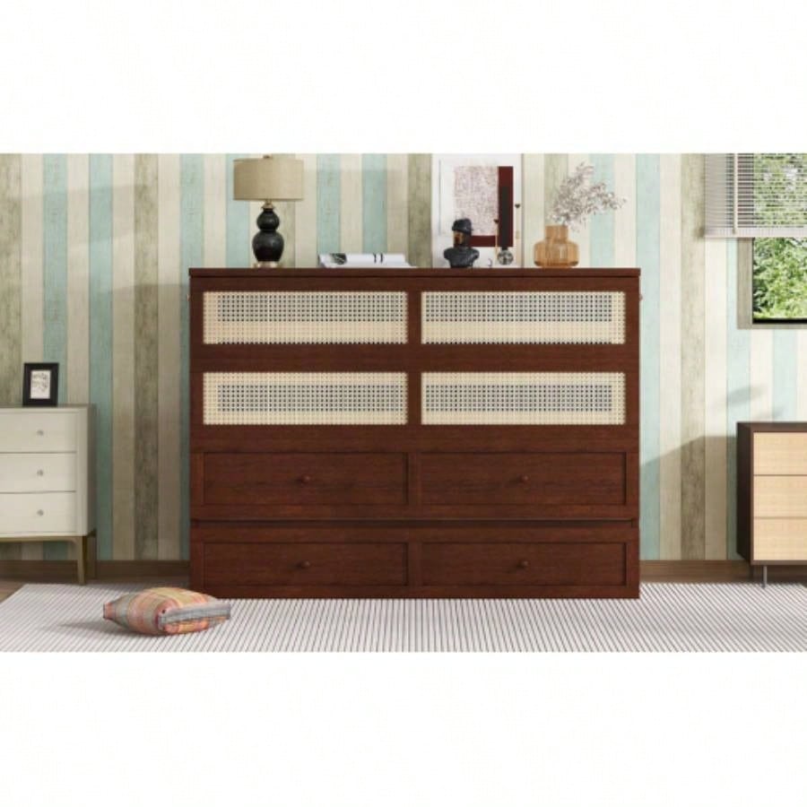 Size Murphy Bed, Pine Wood Cabinet Bed with Rattan Decoration and Storage Drawer, Walnut