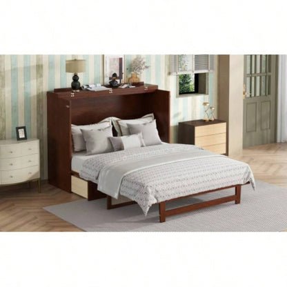 Size Murphy Bed, Pine Wood Cabinet Bed with Rattan Decoration and Storage Drawer, Walnut