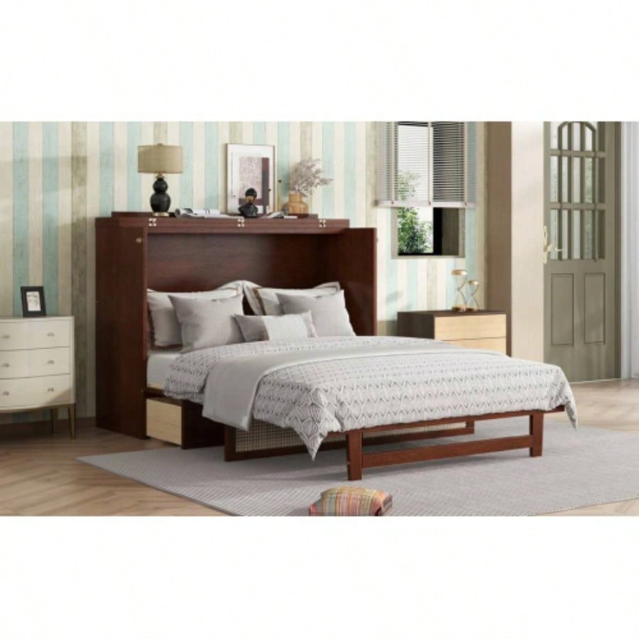 Size Murphy Bed, Pine Wood Cabinet Bed with Rattan Decoration and Storage Drawer, Walnut