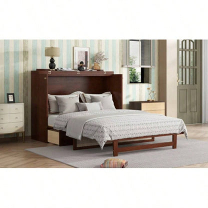 Size Murphy Bed, Pine Wood Cabinet Bed with Rattan Decoration and Storage Drawer, Walnut