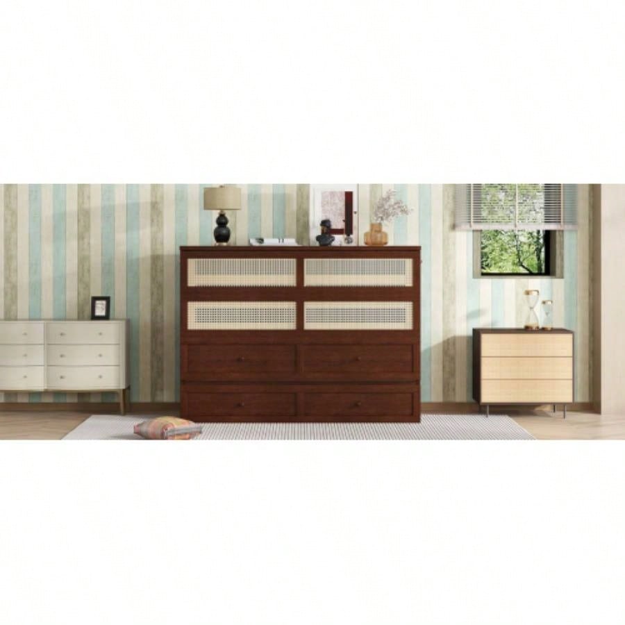 Size Murphy Bed, Pine Wood Cabinet Bed with Rattan Decoration and Storage Drawer, Walnut