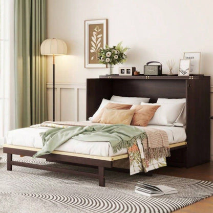 Size Murphy Bed, Pine Wood Cabinet Bed with Rattan Decoration and Storage Drawer, Walnut