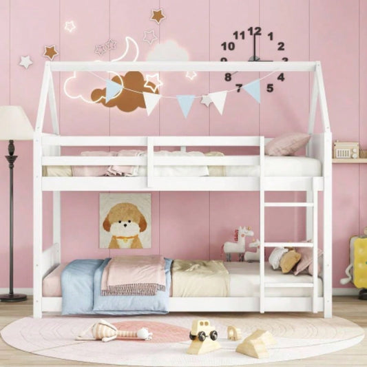 Twin Over Twin House Floor Bunk Bed with Headboards, Footboards and Guardrails, Ladder, Rubber Wood Bunk Bed with Safety Guardrails, White