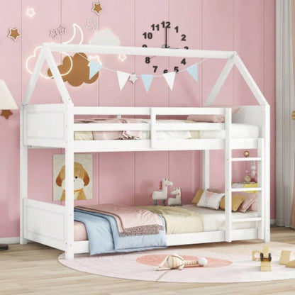 Twin Over Twin House Floor Bunk Bed with Headboards, Footboards and Guardrails, Ladder, Rubber Wood Bunk Bed with Safety Guardrails, White