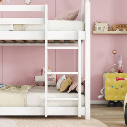 Twin Over Twin House Floor Bunk Bed with Headboards, Footboards and Guardrails, Ladder, Rubber Wood Bunk Bed with Safety Guardrails, White