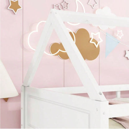 Twin Over Twin House Floor Bunk Bed with Headboards, Footboards and Guardrails, Ladder, Rubber Wood Bunk Bed with Safety Guardrails, White