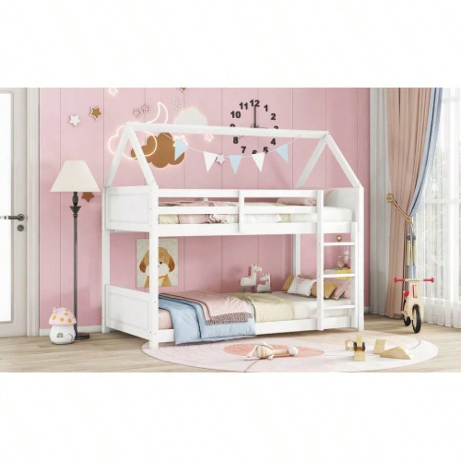 Twin Over Twin House Floor Bunk Bed with Headboards, Footboards and Guardrails, Ladder, Rubber Wood Bunk Bed with Safety Guardrails, White