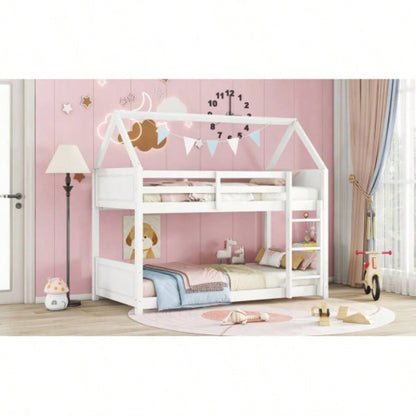 Twin Over Twin House Floor Bunk Bed with Headboards, Footboards and Guardrails, Ladder, Rubber Wood Bunk Bed with Safety Guardrails, White