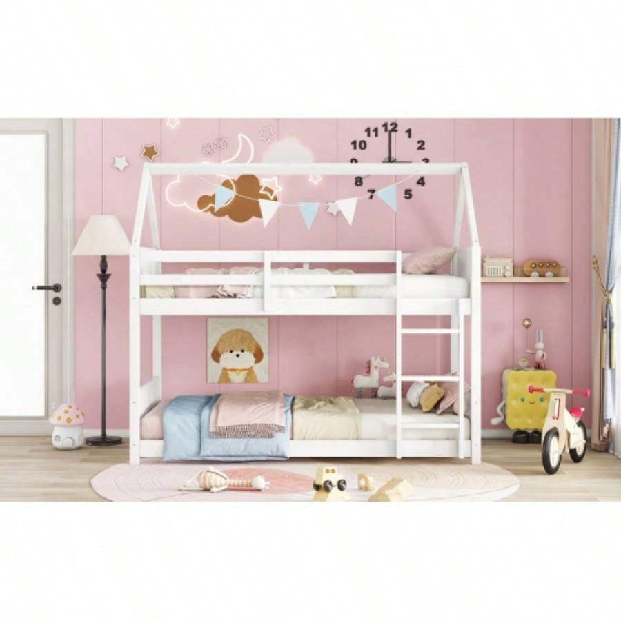 Twin Over Twin House Floor Bunk Bed with Headboards, Footboards and Guardrails, Ladder, Rubber Wood Bunk Bed with Safety Guardrails, White