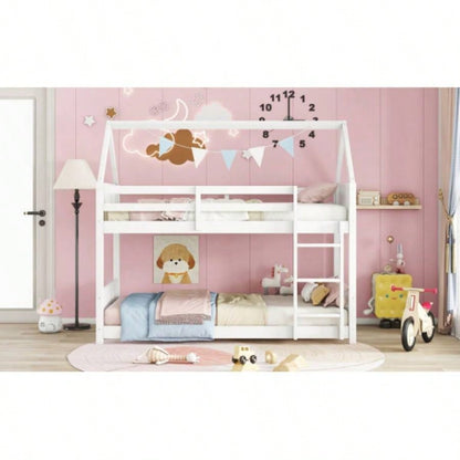 Twin Over Twin House Floor Bunk Bed with Headboards, Footboards and Guardrails, Ladder, Rubber Wood Bunk Bed with Safety Guardrails, White