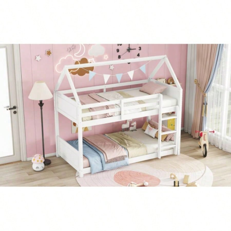 Twin Over Twin House Floor Bunk Bed with Headboards, Footboards and Guardrails, Ladder, Rubber Wood Bunk Bed with Safety Guardrails, White